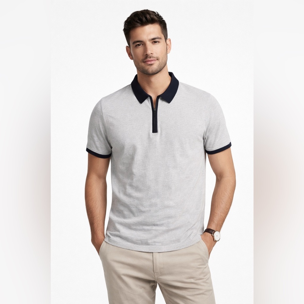 Express Men’s Gray 1/4 Zip Polo Shirt Size Large Short Sleeve Casual Modern Fit